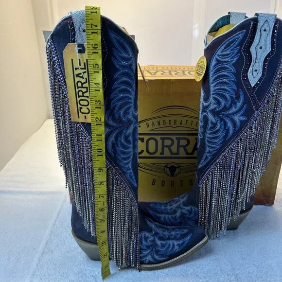 Corral Boots Cowgirl Overlay Embroidered Long Metal Fringe Blue Women SZ 7 - Picture 3 of 13